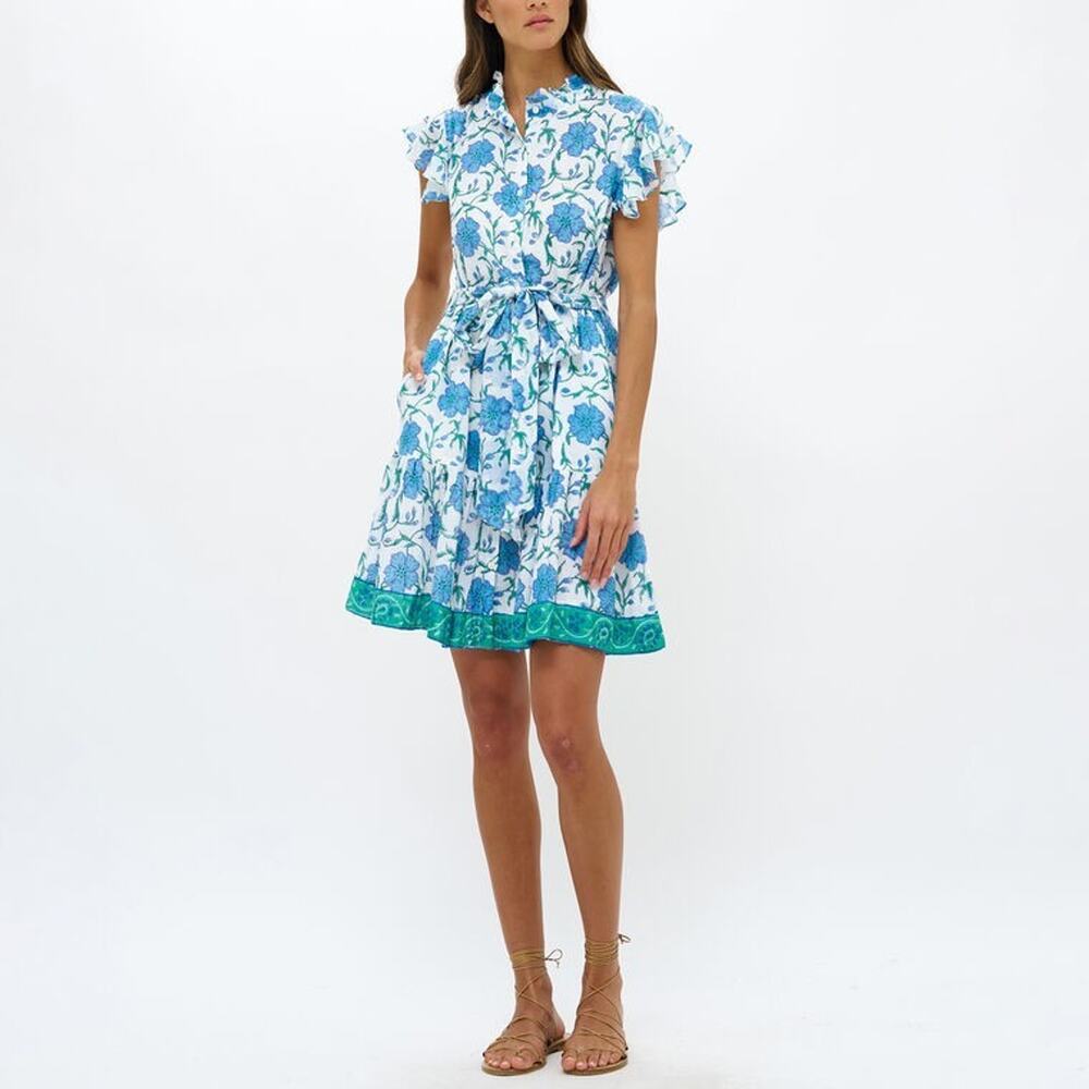 Oliphant Ruffle Collar Button Mini Dress Poppy Blue Floral XS New